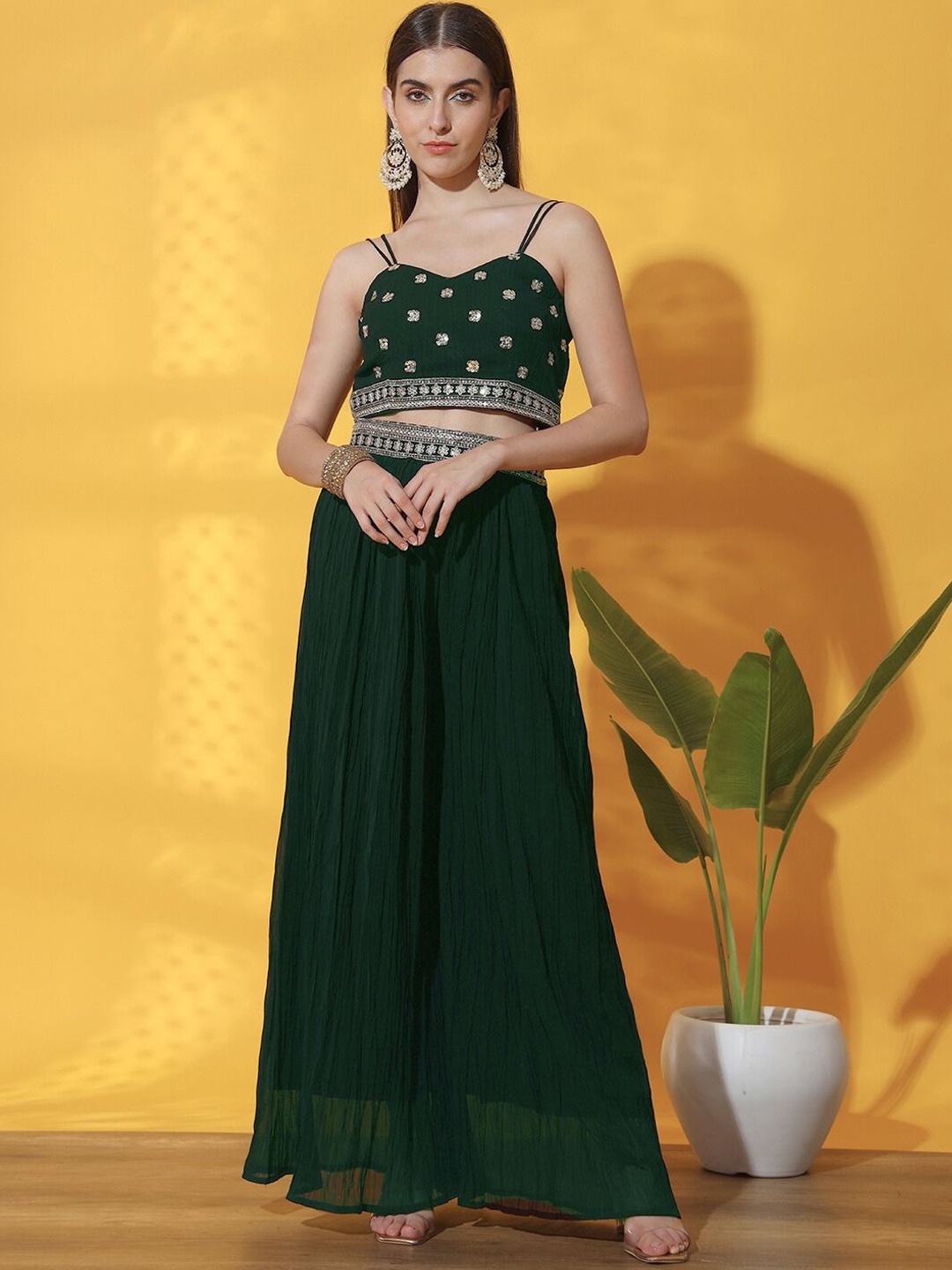 

Chhabra 555 Sequin Embroidered Shoulder Straps Crop Top with Palazzo & Shrug & Dupatta, Green