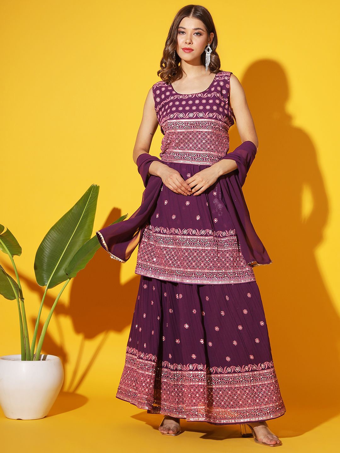 

Chhabra 555 Floral Printed Regular Sequinned Kurta ,Skirt & Dupatta, Purple