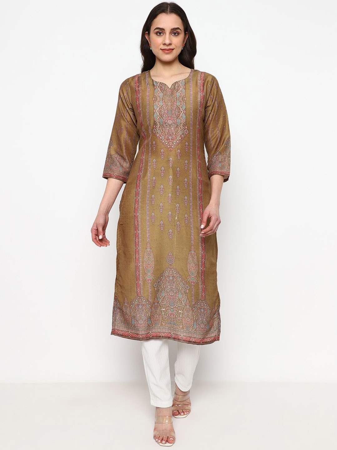 

AURIELLA Ethnic Motifs Printed Straight Kurta With Trousers, Brown
