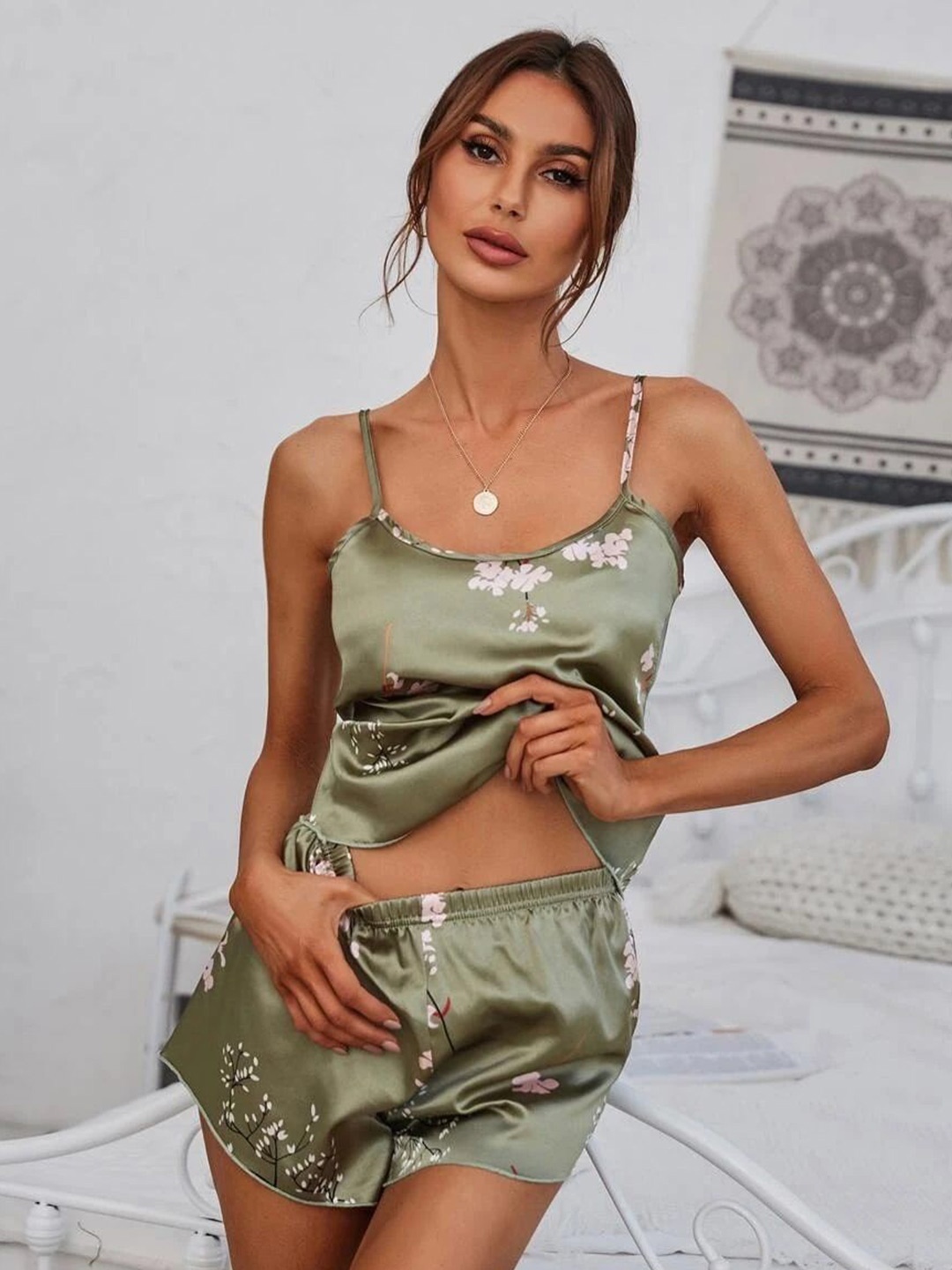 

Xivir Floral Printed Shoulder Straps Satin Night Suit, Green