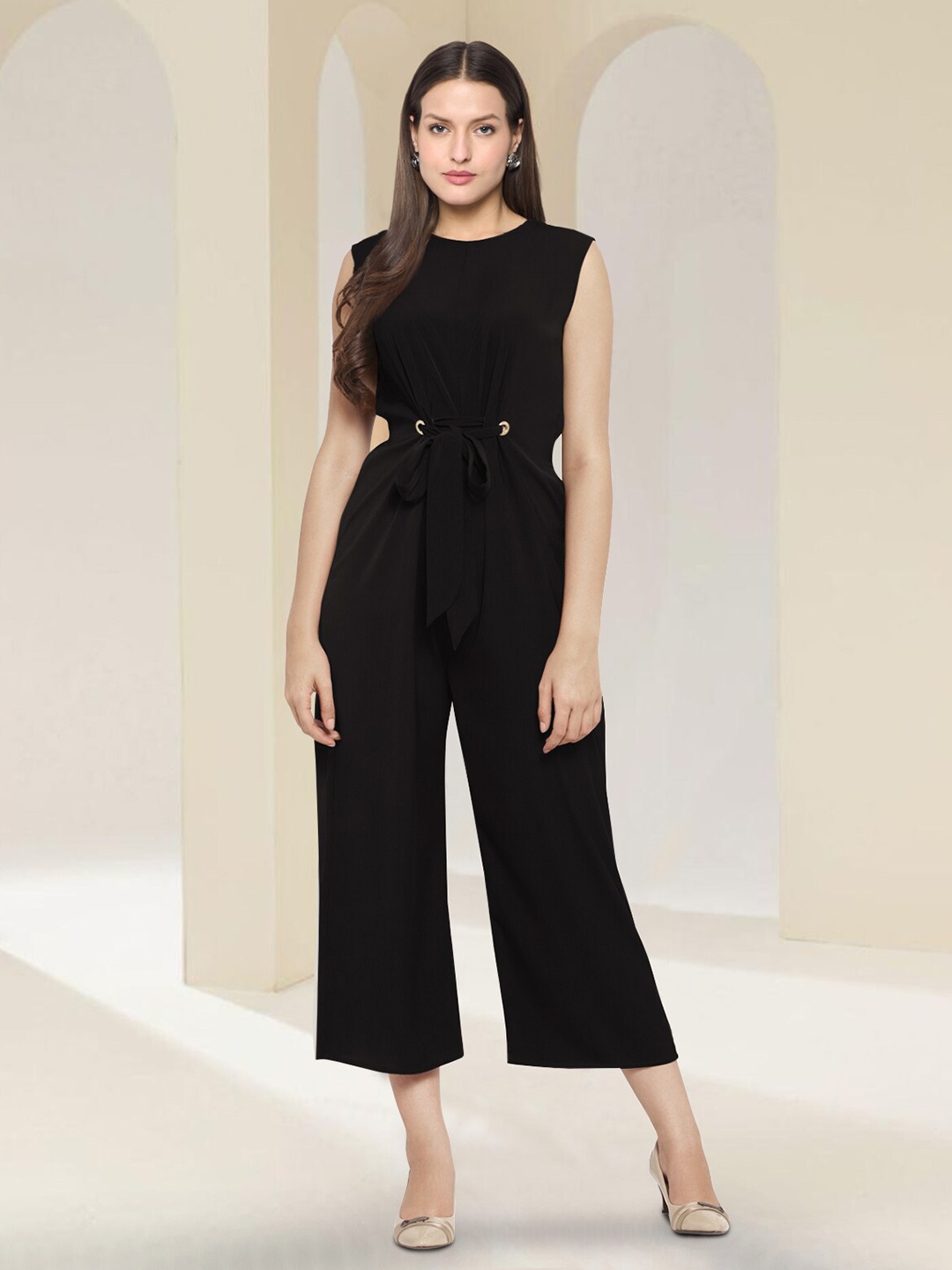 

Martini Sleeveless Waist Tie-Ups Basic Jumpsuit, Black