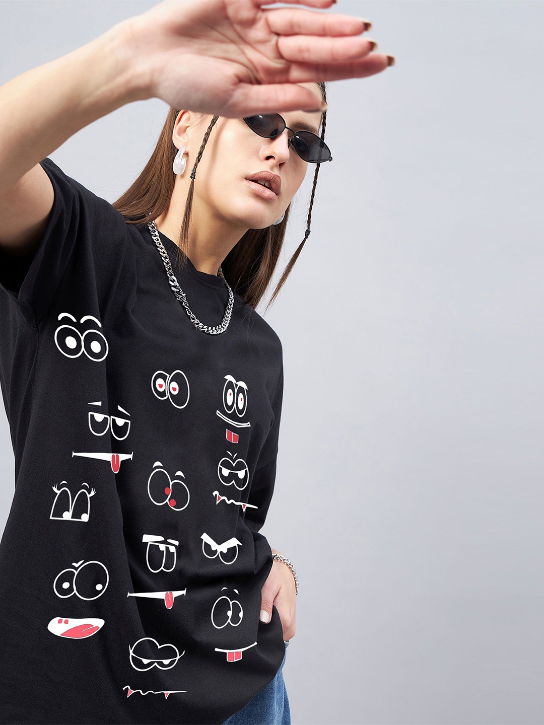 

GESPO Graphic Printed Round Neck Drop-Shoulder Sleeves Cotton Oversized T-shirt, Black