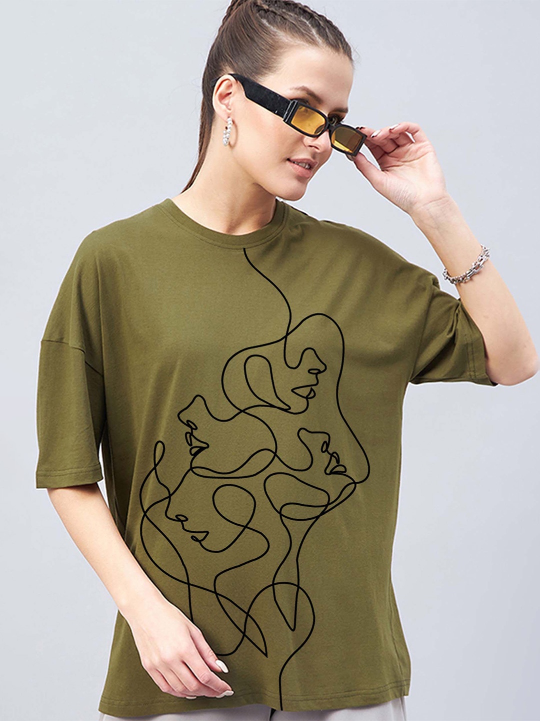 

GESPO Graphic Printed Round Neck Drop-Shoulder Sleeves Cotton Oversized T-shirt, Green