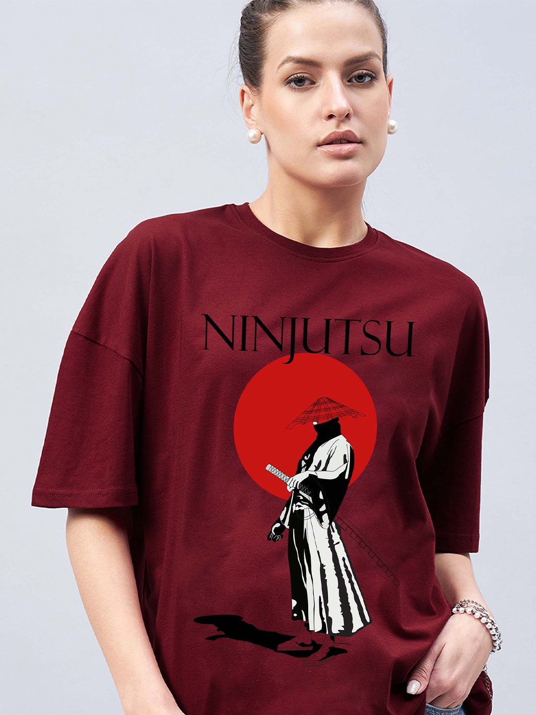 

GESPO Graphic Printed Round Neck Drop-Shoulder Sleeves Cotton Oversized T-shirt, Maroon