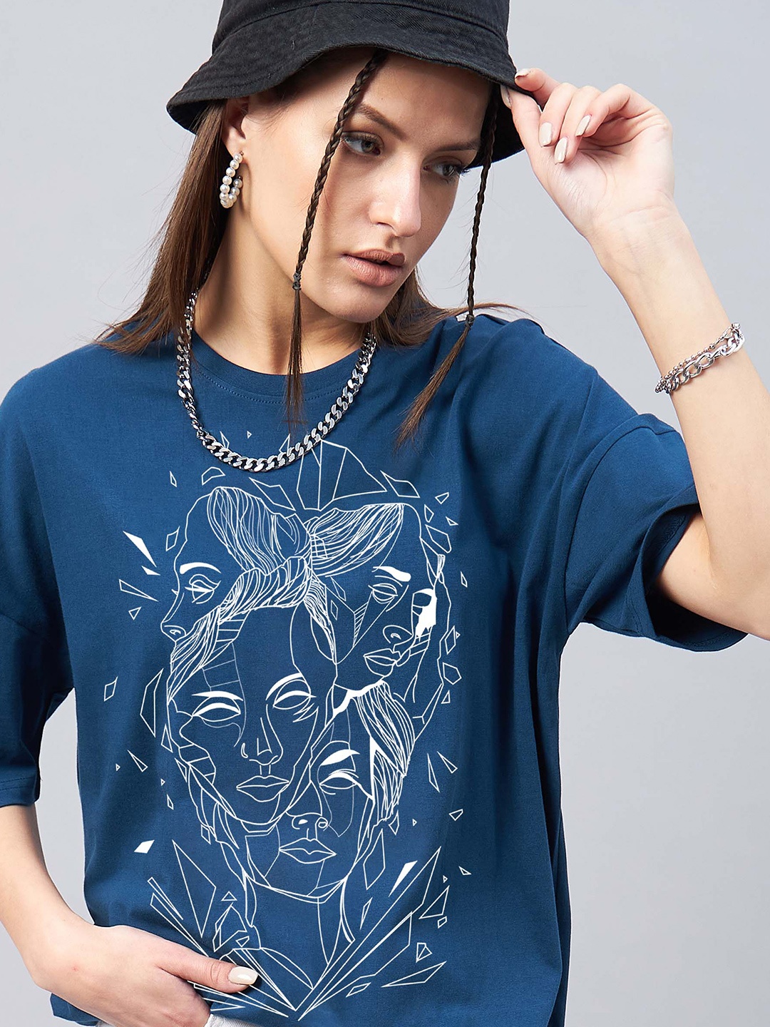 

GESPO Conversational Printed Round Neck Oversized T-shirt, Teal