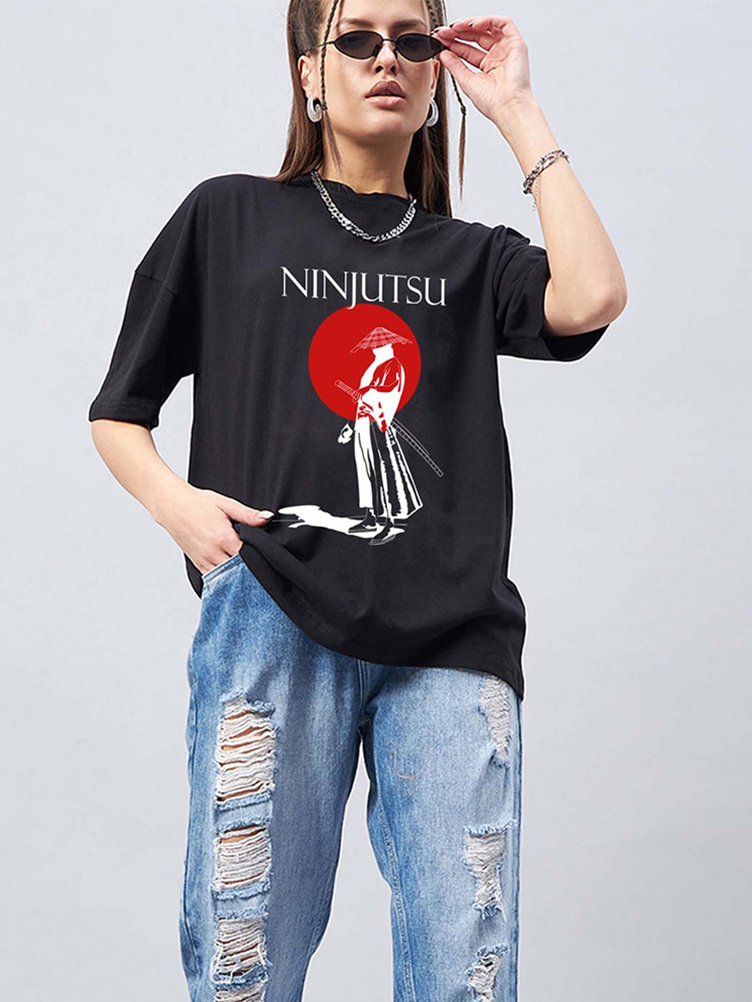 

GESPO Graphic Printed Round Neck Oversized T-shirt, Black