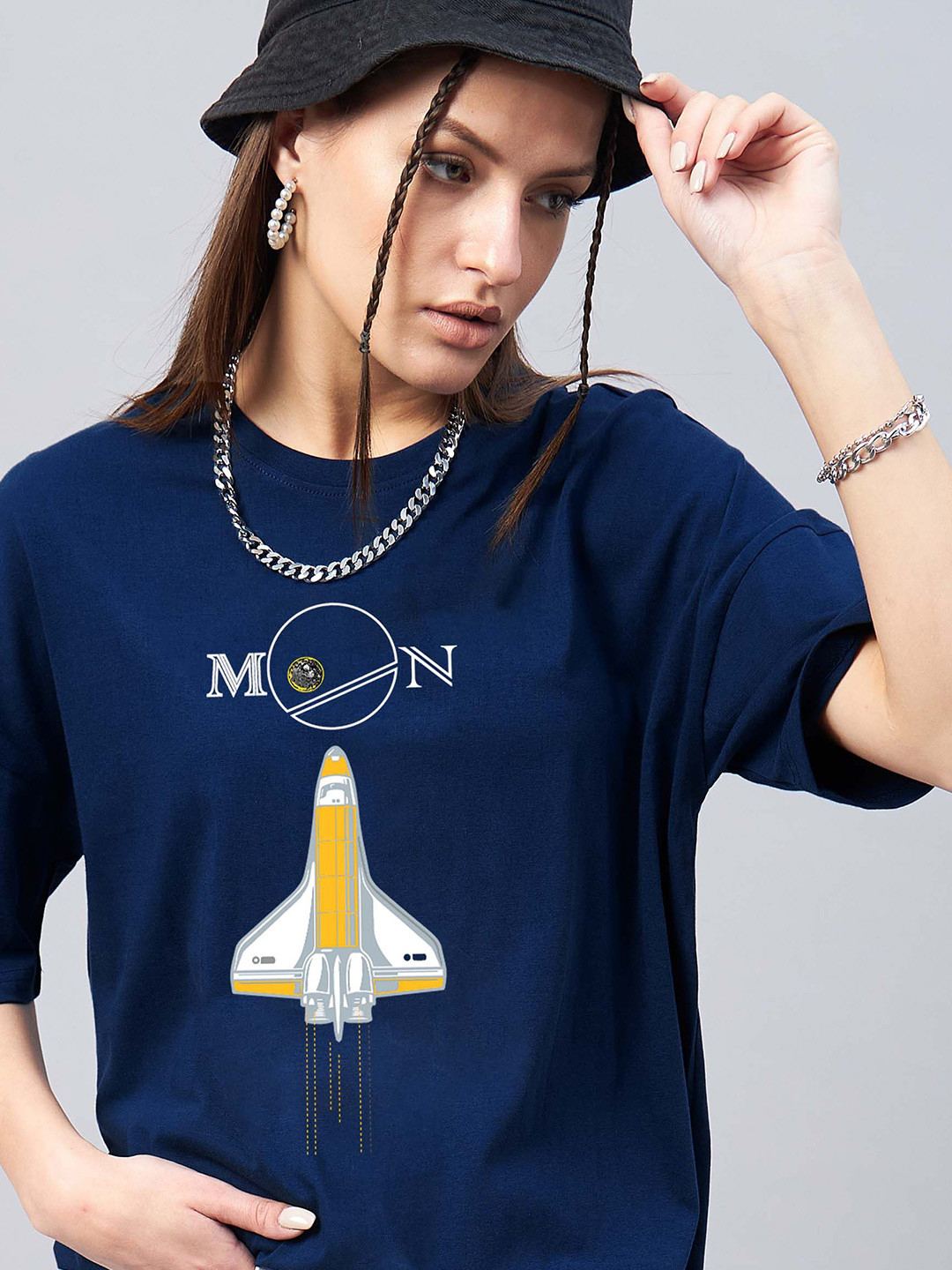 

GESPO Graphic Printed Round Neck Oversized T-shirt, Navy blue