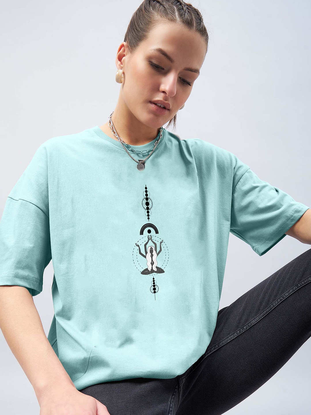 

GESPO Graphic Printed Round Neck Drop-Shoulder Sleeves Oversized T-shirt, Turquoise blue