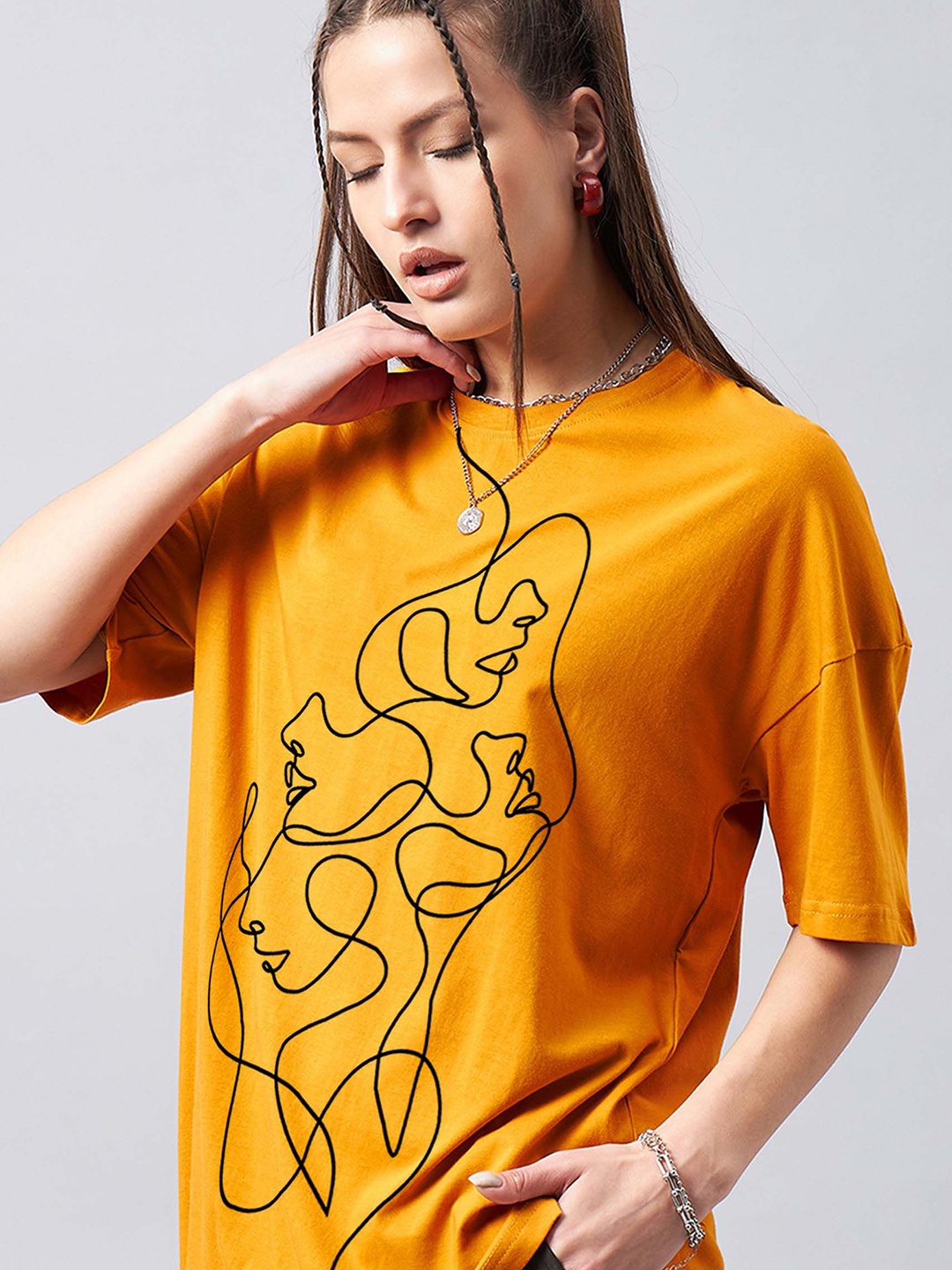 

GESPO Graphic Printed Round Neck Drop-Shoulder Sleeves Cotton Oversized T-shirt, Mustard