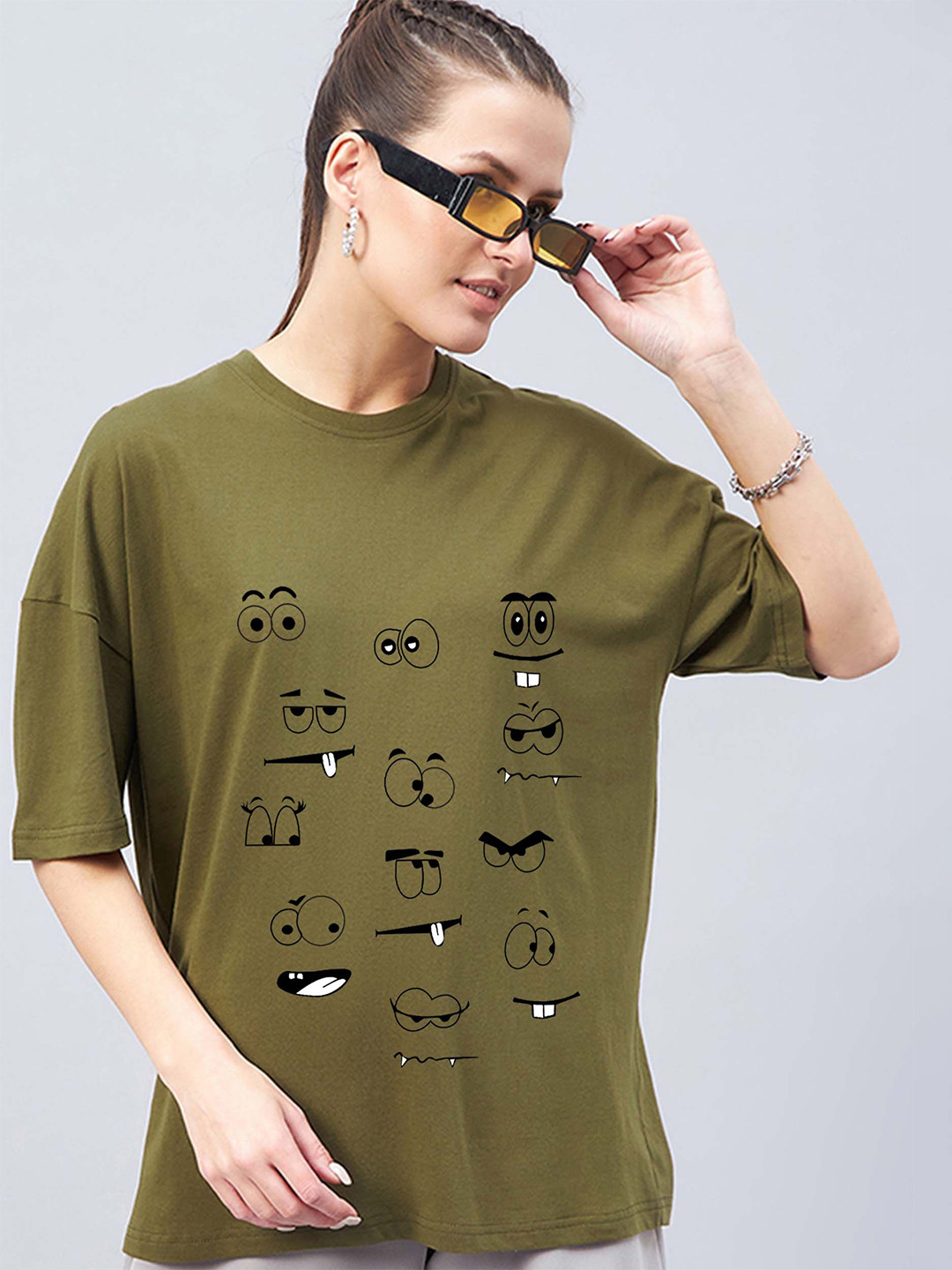 

GESPO Conversational Printed Round Neck Oversized T-shirt, Olive