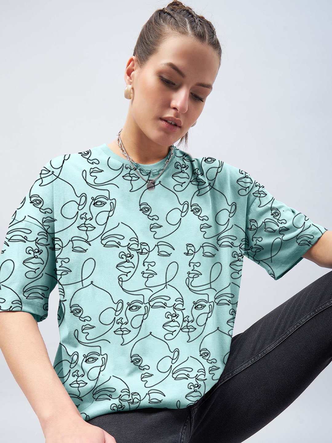 

GESPO Conversational Printed Round Neck Oversized T-shirt, Turquoise blue