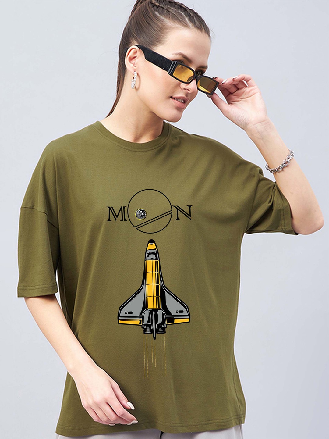 

GESPO Graphic Printed Round Neck Drop-Shoulder Sleeves Cotton Oversized T-shirt, Green