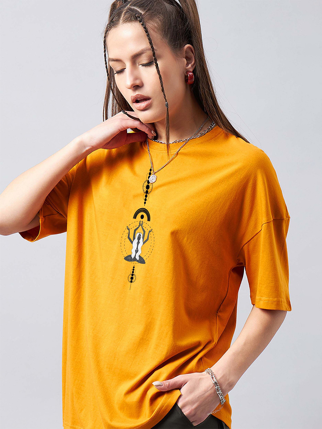 

GESPO Graphic Printed Round Neck Oversized T-shirt, Mustard