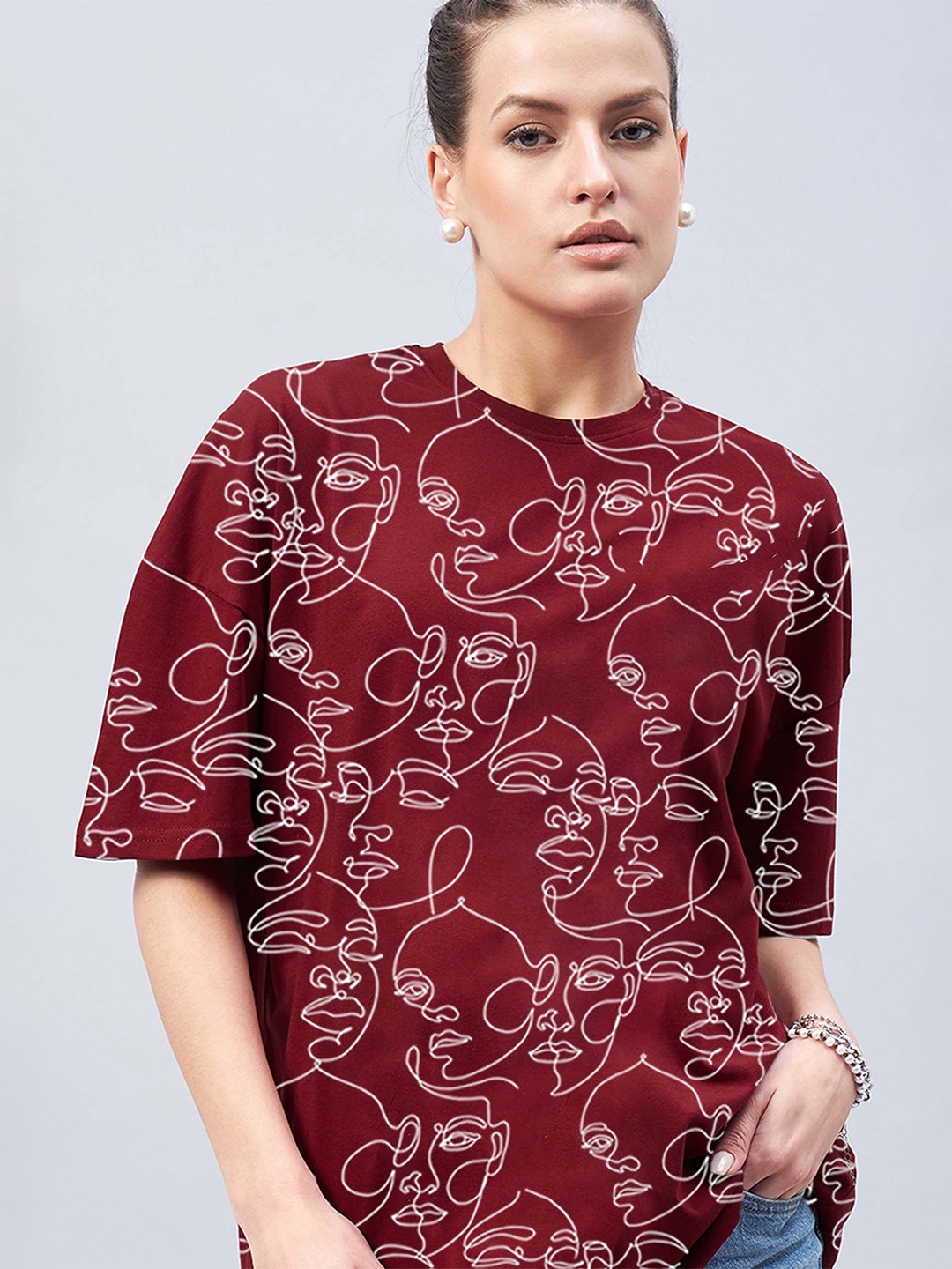 

GESPO Women Conversational Printed Round Neck T-shirt, Maroon