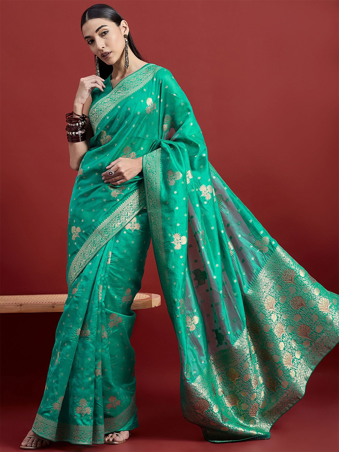 

all about you Woven Design Zari Organza Banarasi Saree, Sea green
