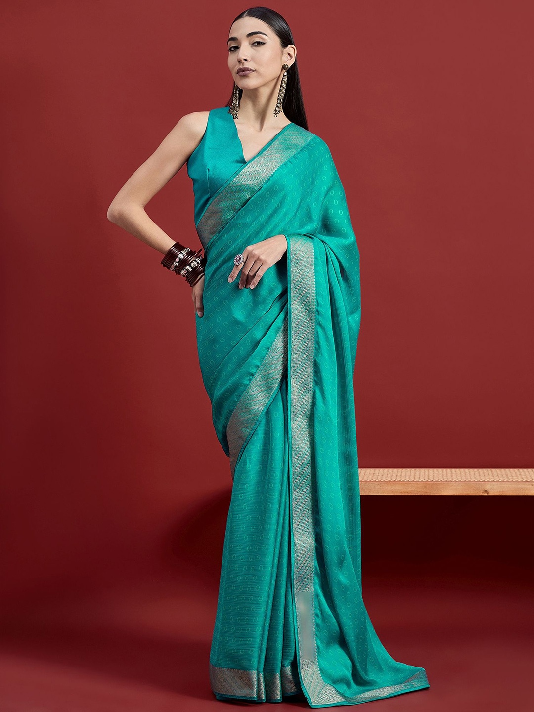 

all about you Geometric printed Pure Chiffon Saree, Sea green