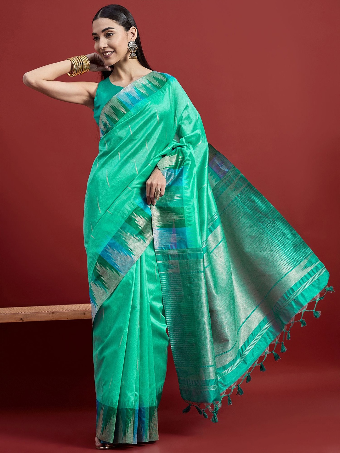 

all about you Woven Design Zari Silk Cotton Banarasi Saree, Sea green