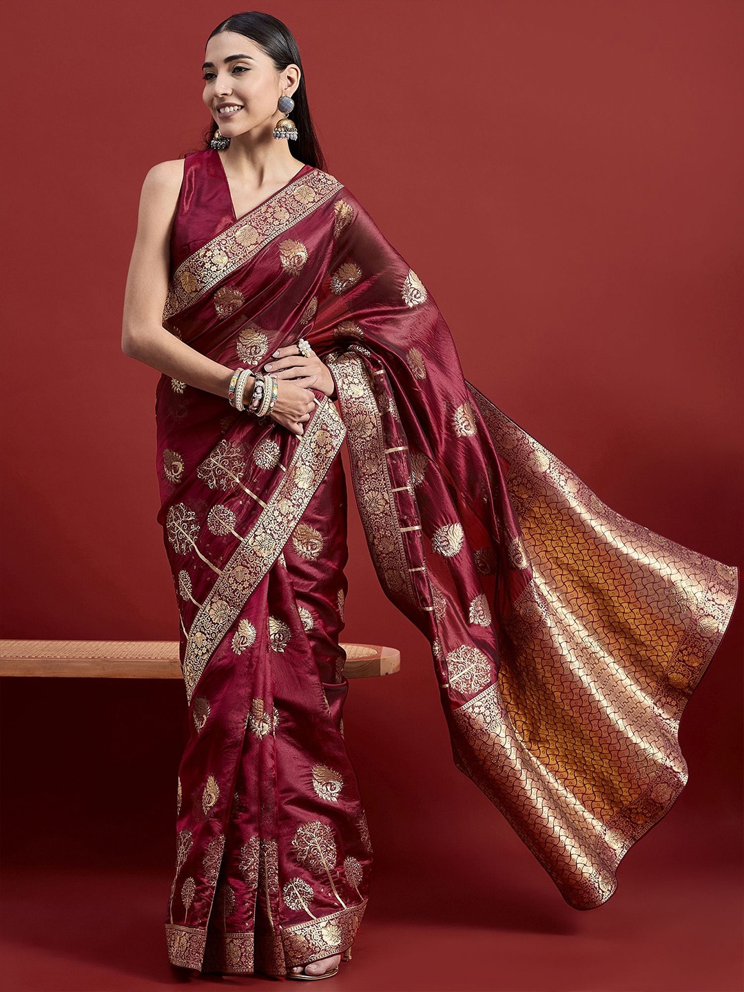 

all about you Woven Design Zari Organza Banarasi Saree, Maroon