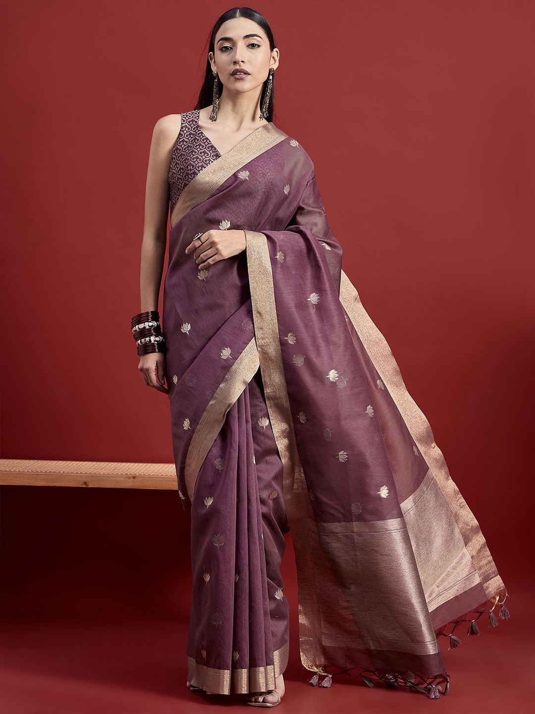 

all about you Woven Design Zari Linen Blend Banarasi Saree, Violet