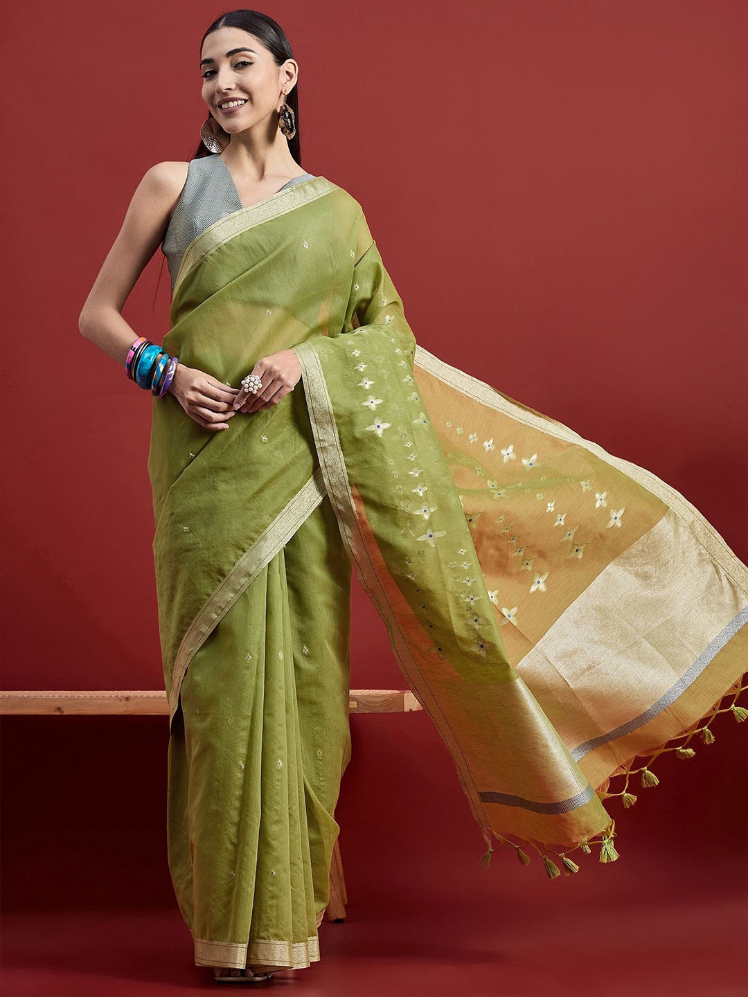 

all about you Woven Design Zari Banarasi Saree, Green