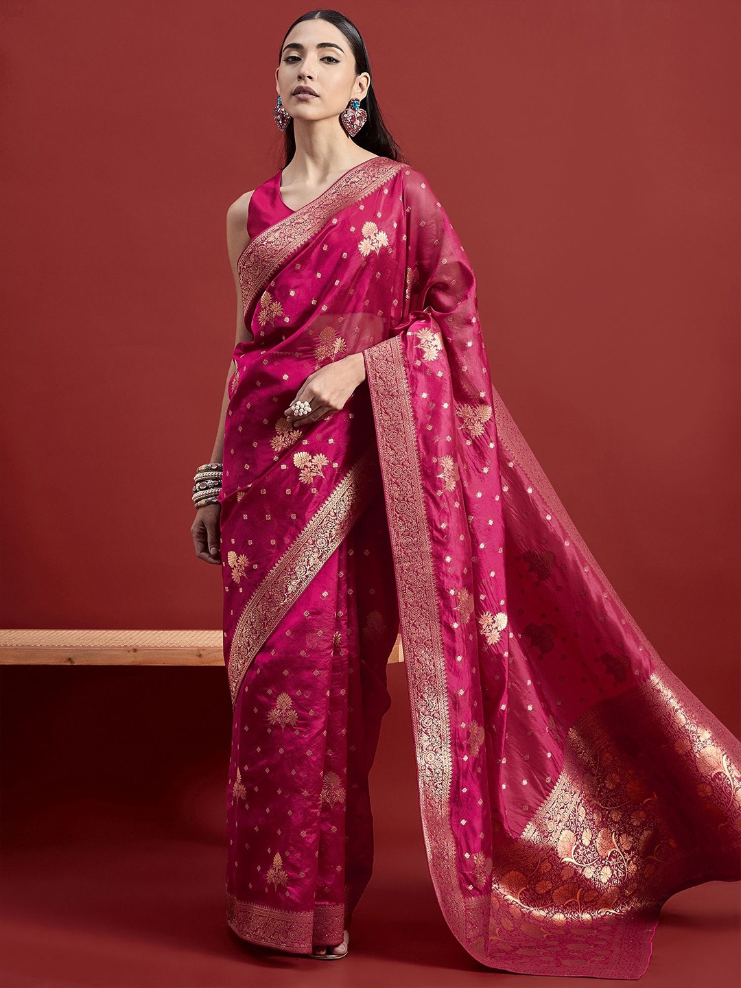 

all about you Woven Design Zari Organza Banarasi Saree, Rose