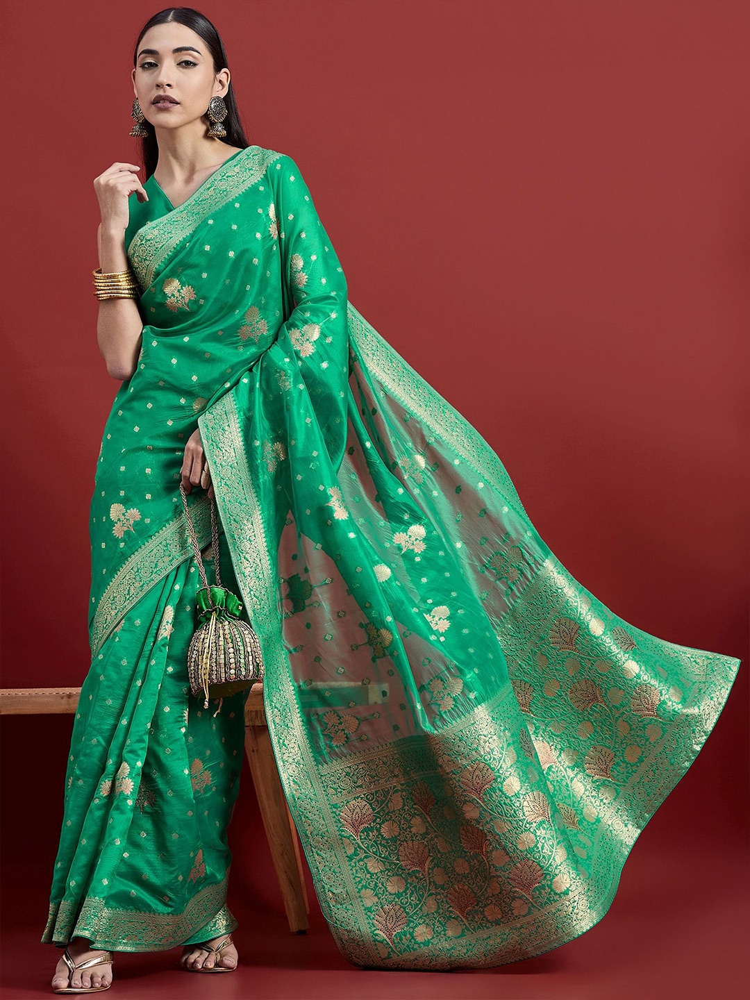 

all about you Woven Design Zari Organza Banarasi Saree, Green