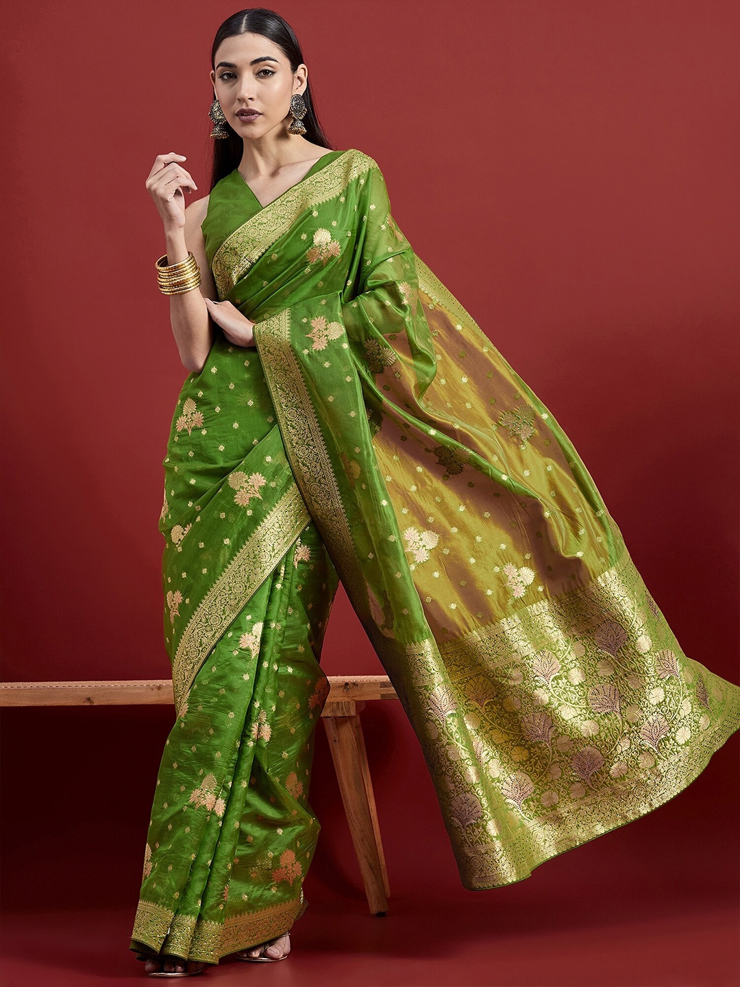 

all about you Woven Design Zari Organza Banarasi Saree, Green