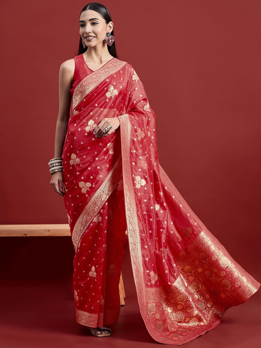 

all about you Woven Design Zari Organza Banarasi Saree, Red