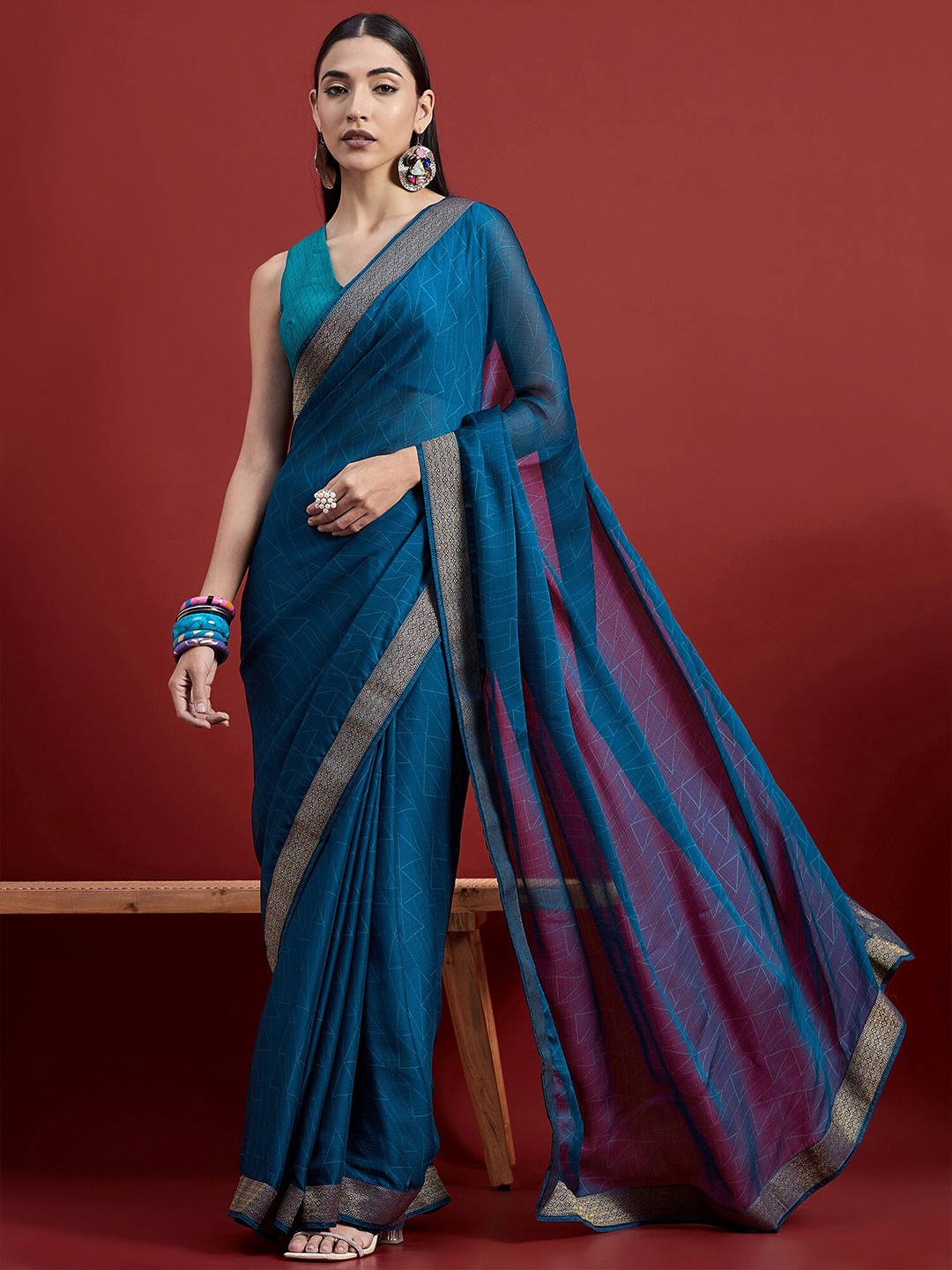 

all about you Geometric printed Pure Chiffon Saree, Blue