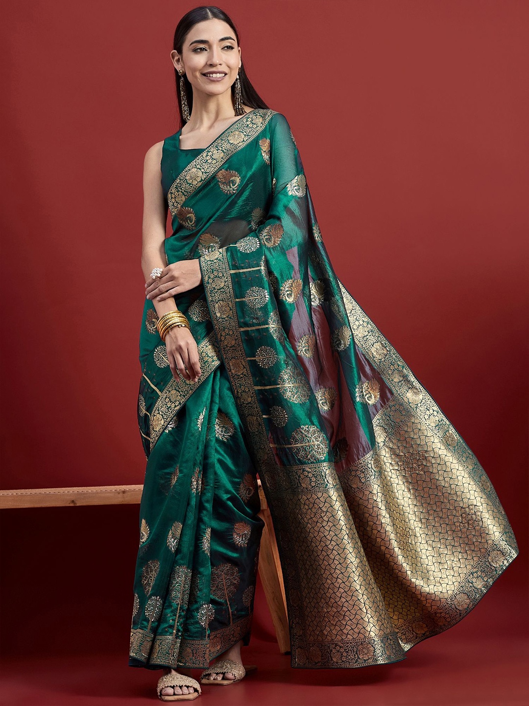 

all about you Woven Design Zari Organza Banarasi Saree, Green