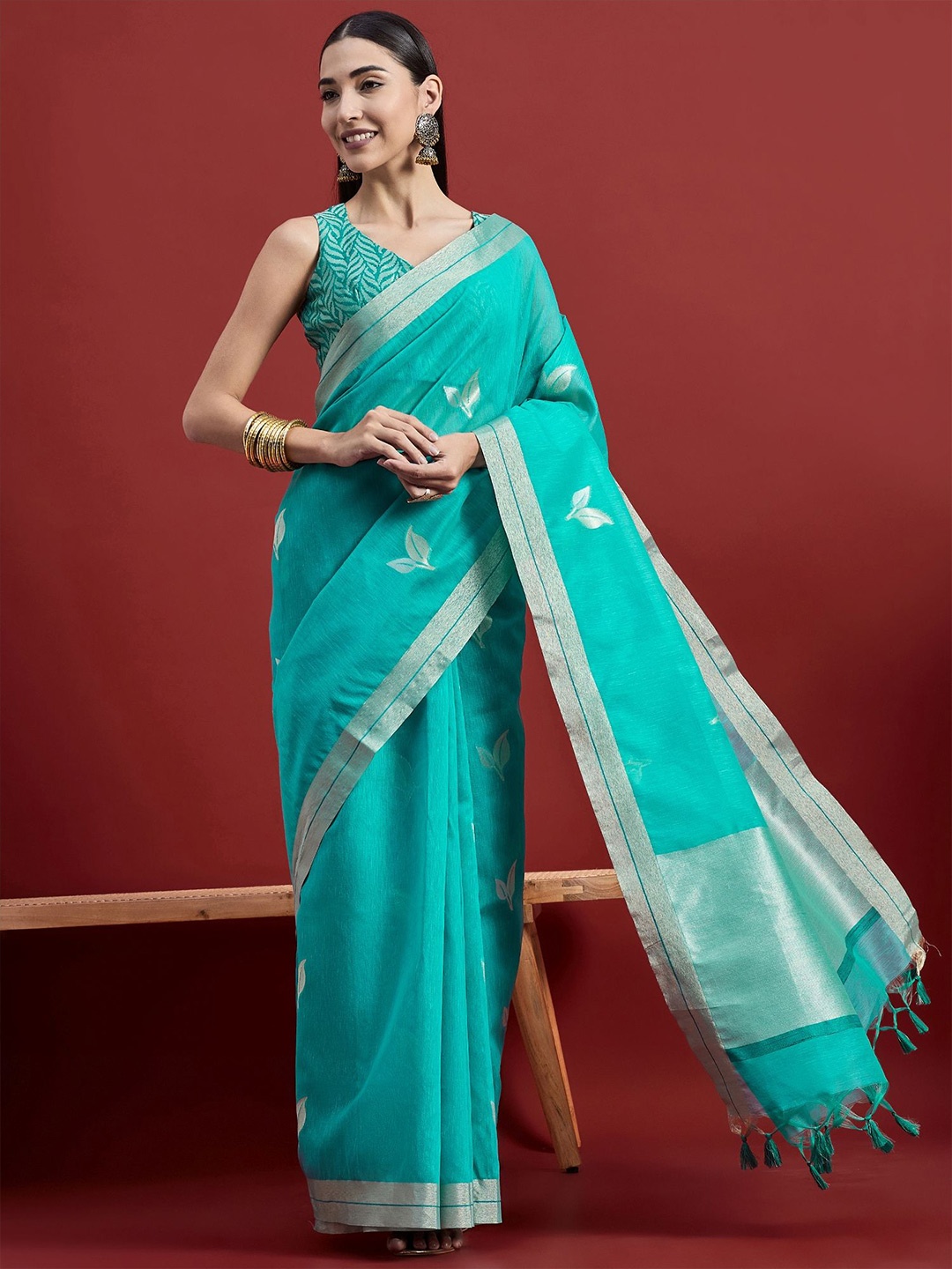 

all about you Woven Design Zari Banarasi Saree, Teal