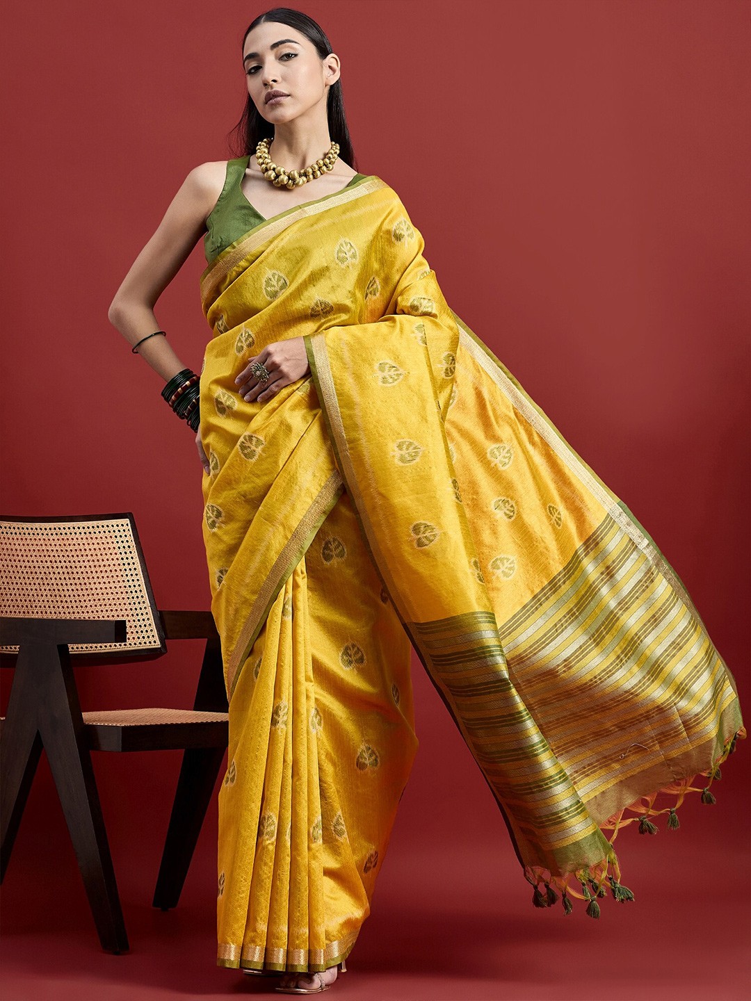 

all about you Woven Design Zari Pure Cotton Banarasi Saree, Yellow