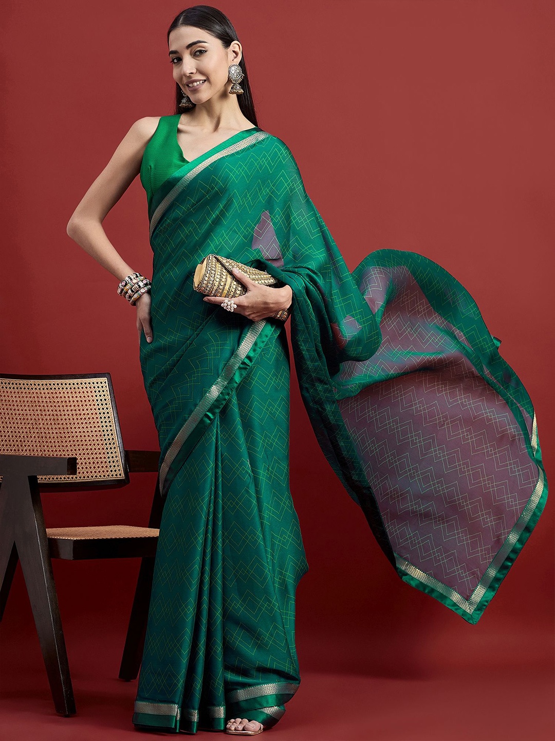 

all about you Geometric printed Pure Chiffon Saree, Green