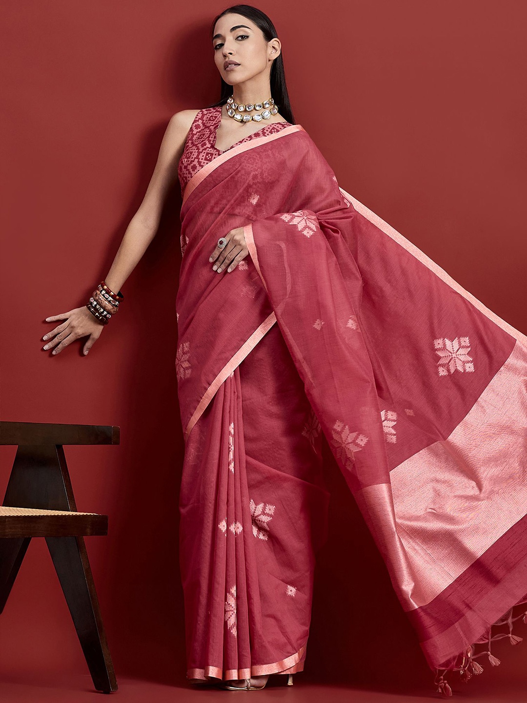 

all about you Woven Design Zari Banarasi Saree, Red