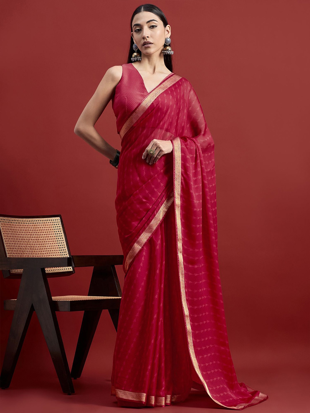 

all about you Zari Pure Chiffon Saree, Red