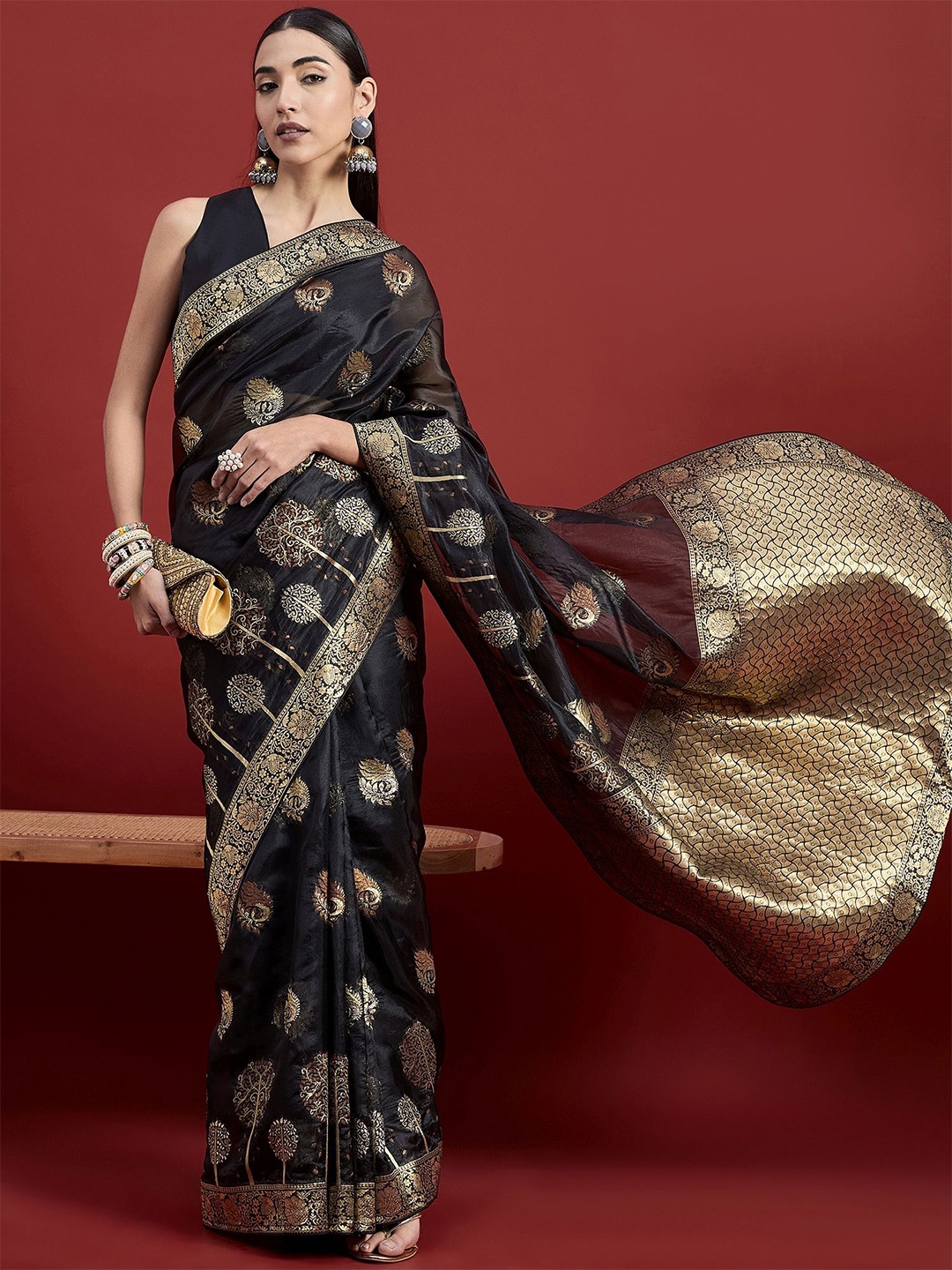 

all about you Woven Design Zari Pure Chiffon Saree, Black