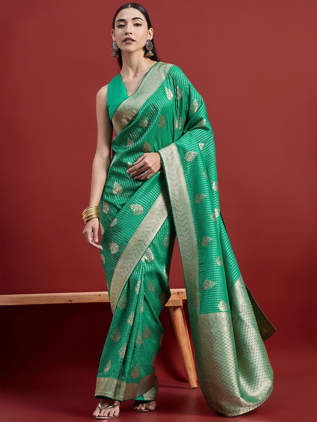 

all about you Woven Design Zari Organza Banarasi Saree, Sea green