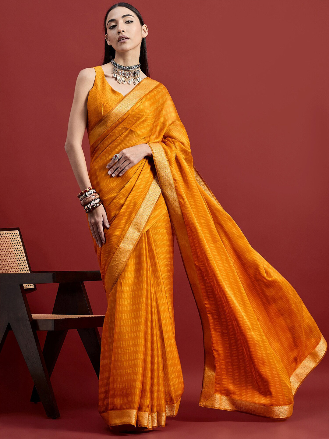 

all about you Pure Chiffon Designer Saree, Mustard