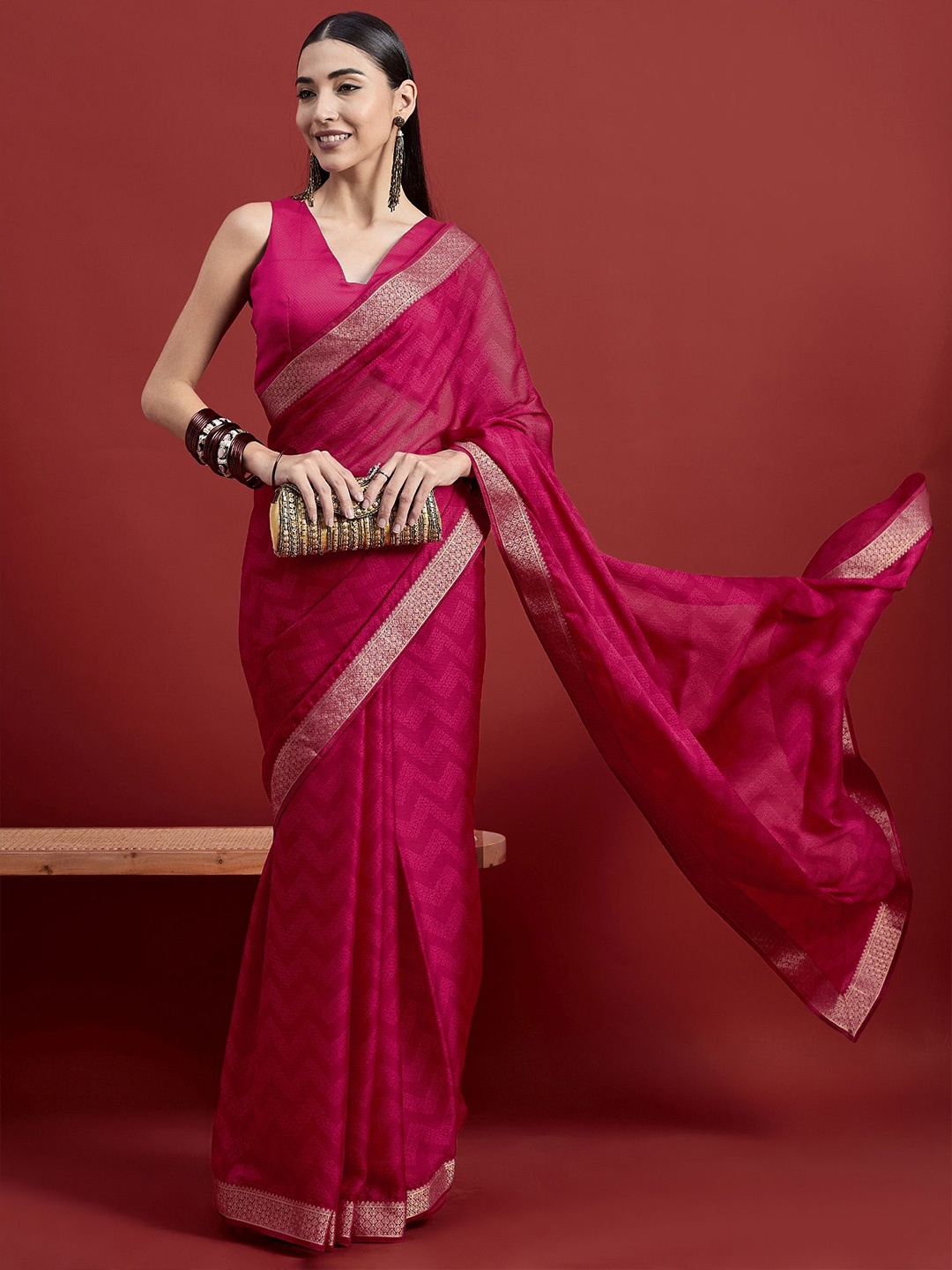 

all about you Zari Pure Chiffon Saree, Red