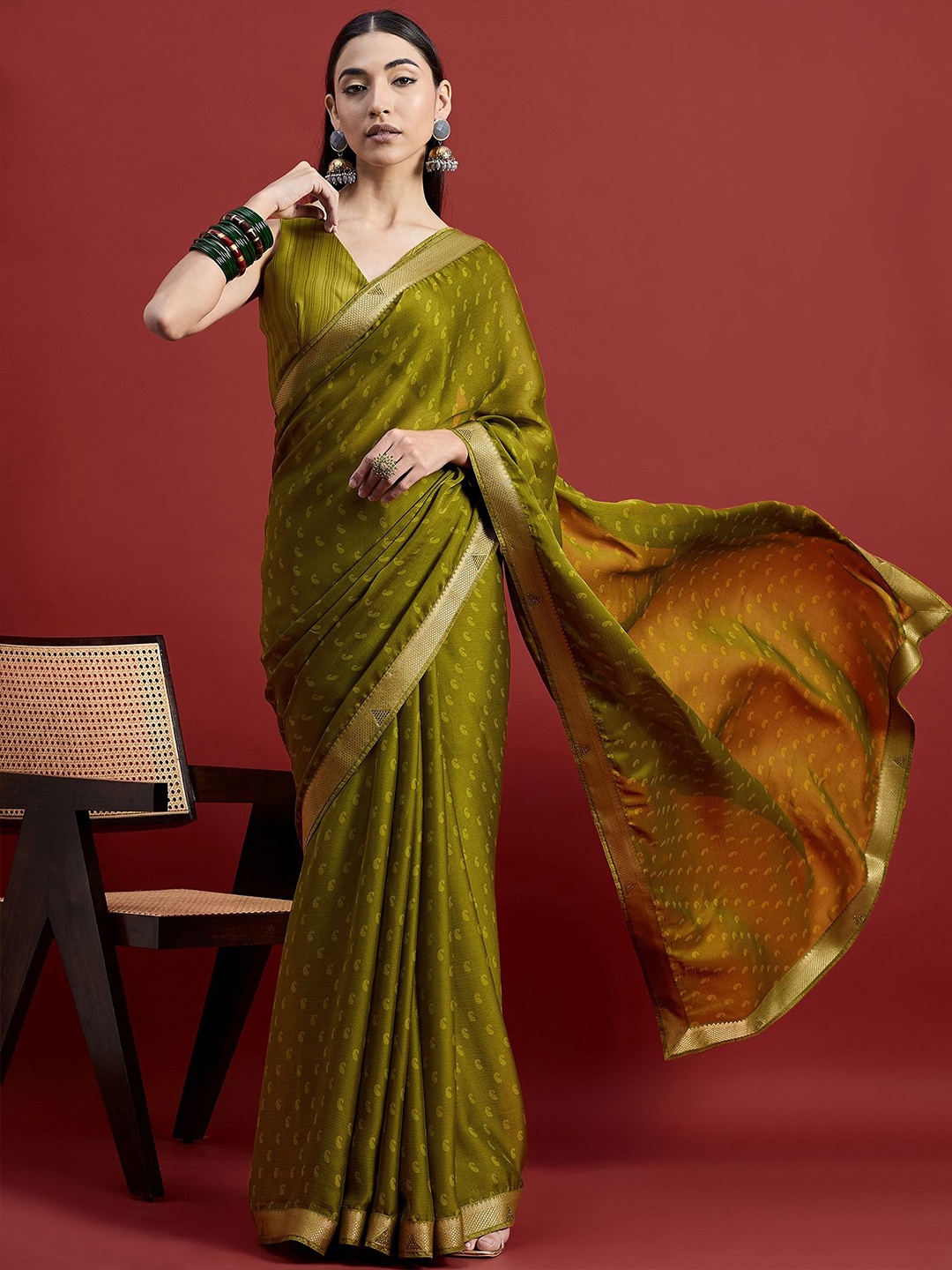 

all about you Woven Design Pure Chiffon Saree With Blouse Piece, Olive