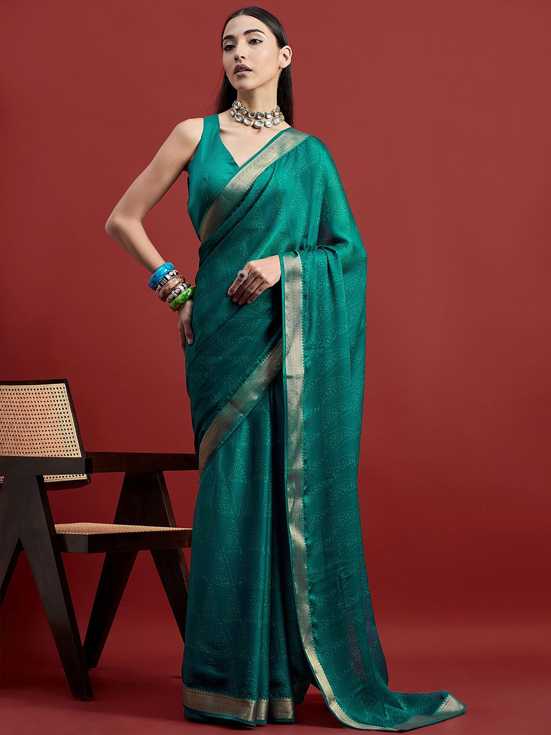 

all about you Geometric printed Pure Chiffon Saree, Green