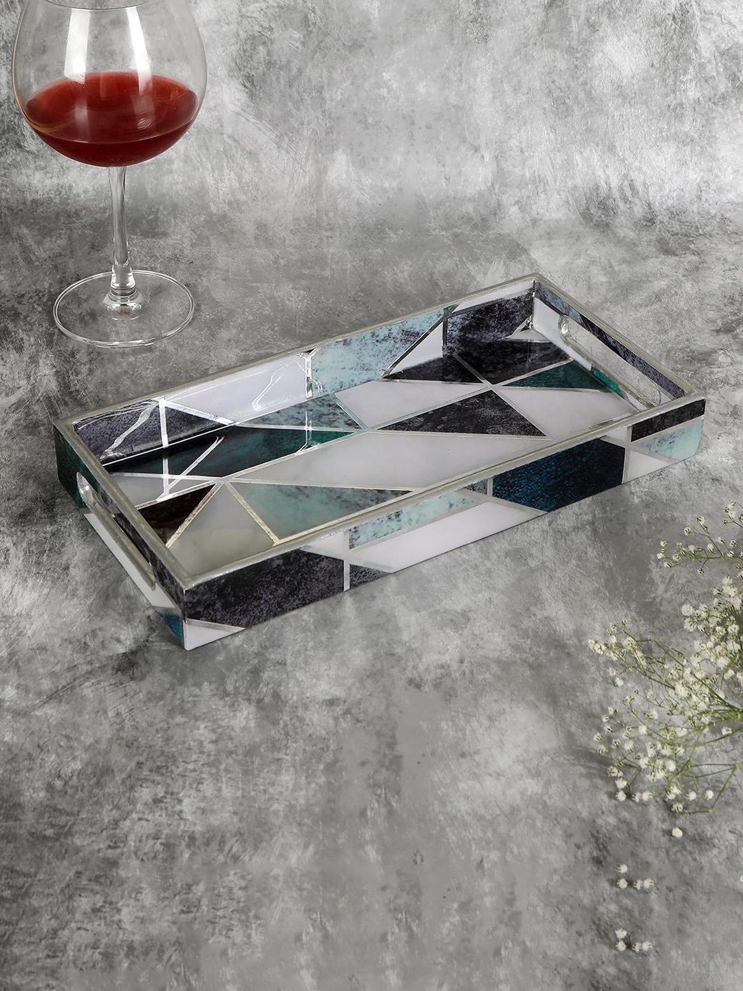 

THE HOME CO. Green & White Geometric Printed Rectangle Wooden Serving Tray