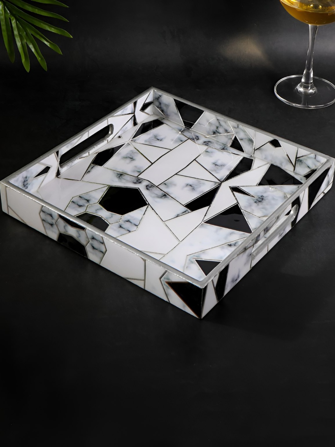 

THE HOME CO. White & Grey Geometric Printed Wooden Square Serving Tray