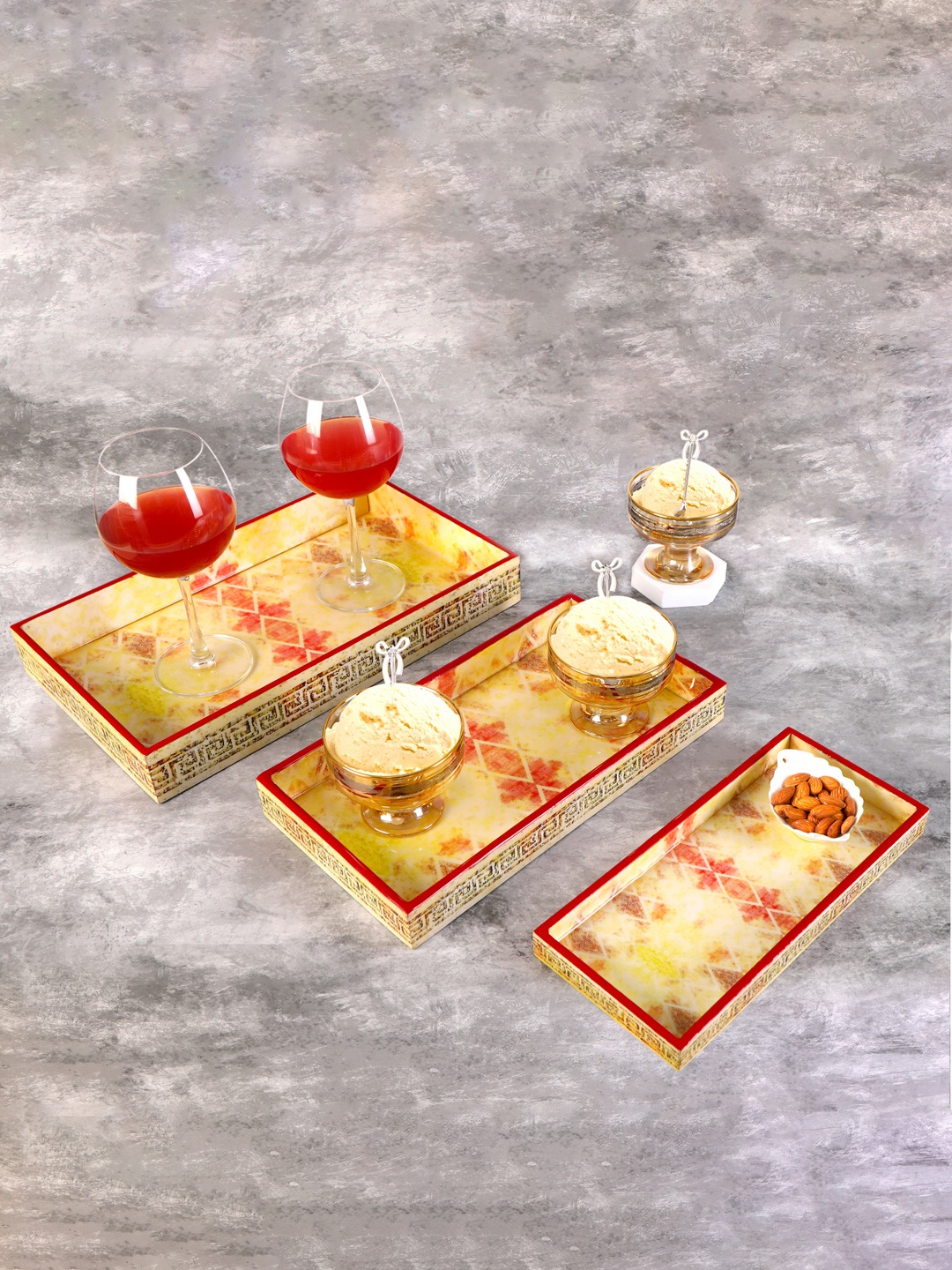 

THE HOME CO. Cream & Red 3 Pieces Geometric Printed Rectangle Wooden Serving Trays