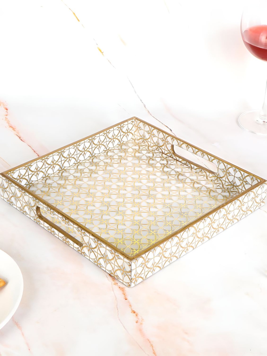 

THE HOME CO. White & Gold Toned Geometric Printed Rectangle Wooden Serving Tray