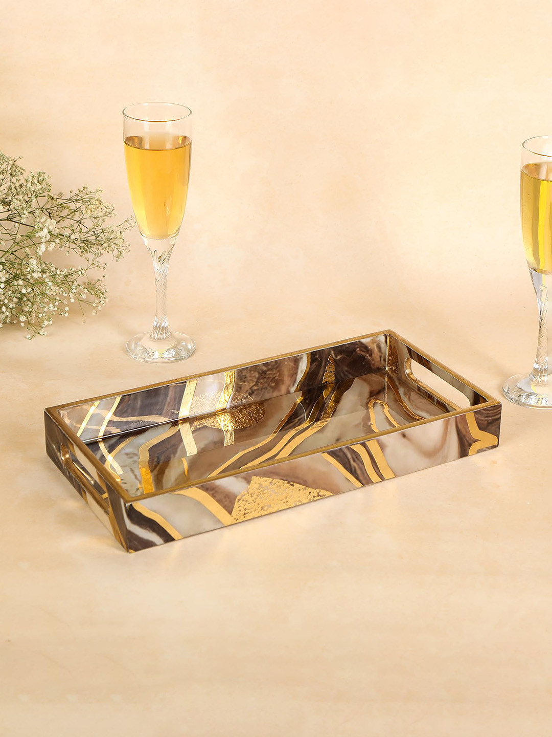 

THE HOME CO. Brown & Gold Toned Abstract Printed Rectangle Wooden Serving Tray