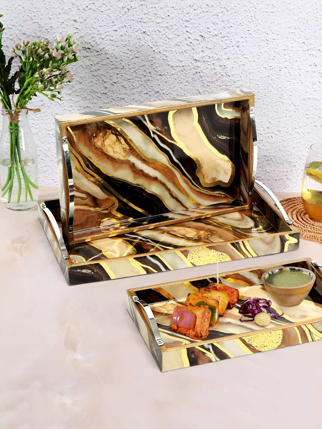 

THE HOME CO. Brown & Gold Toned 3 Pieces Abstract Printed Rectangle Wooden Serving Trays