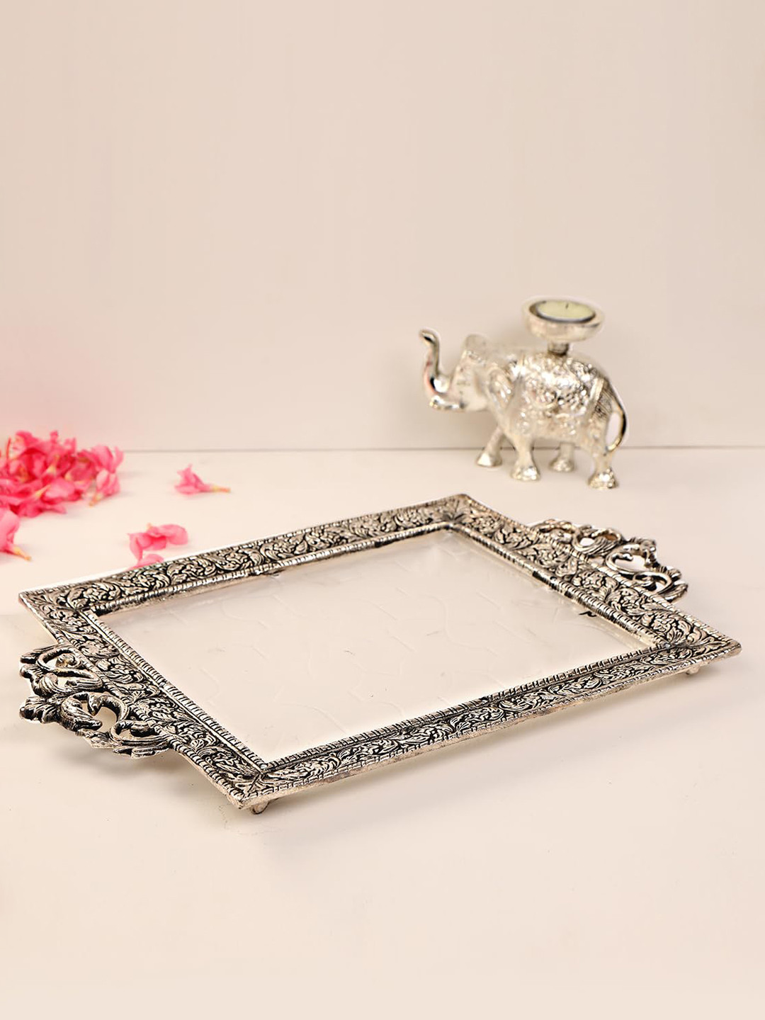 

THE HOME CO. Grey Floral Textured Antique Brass Finish Wooden Serving Tray