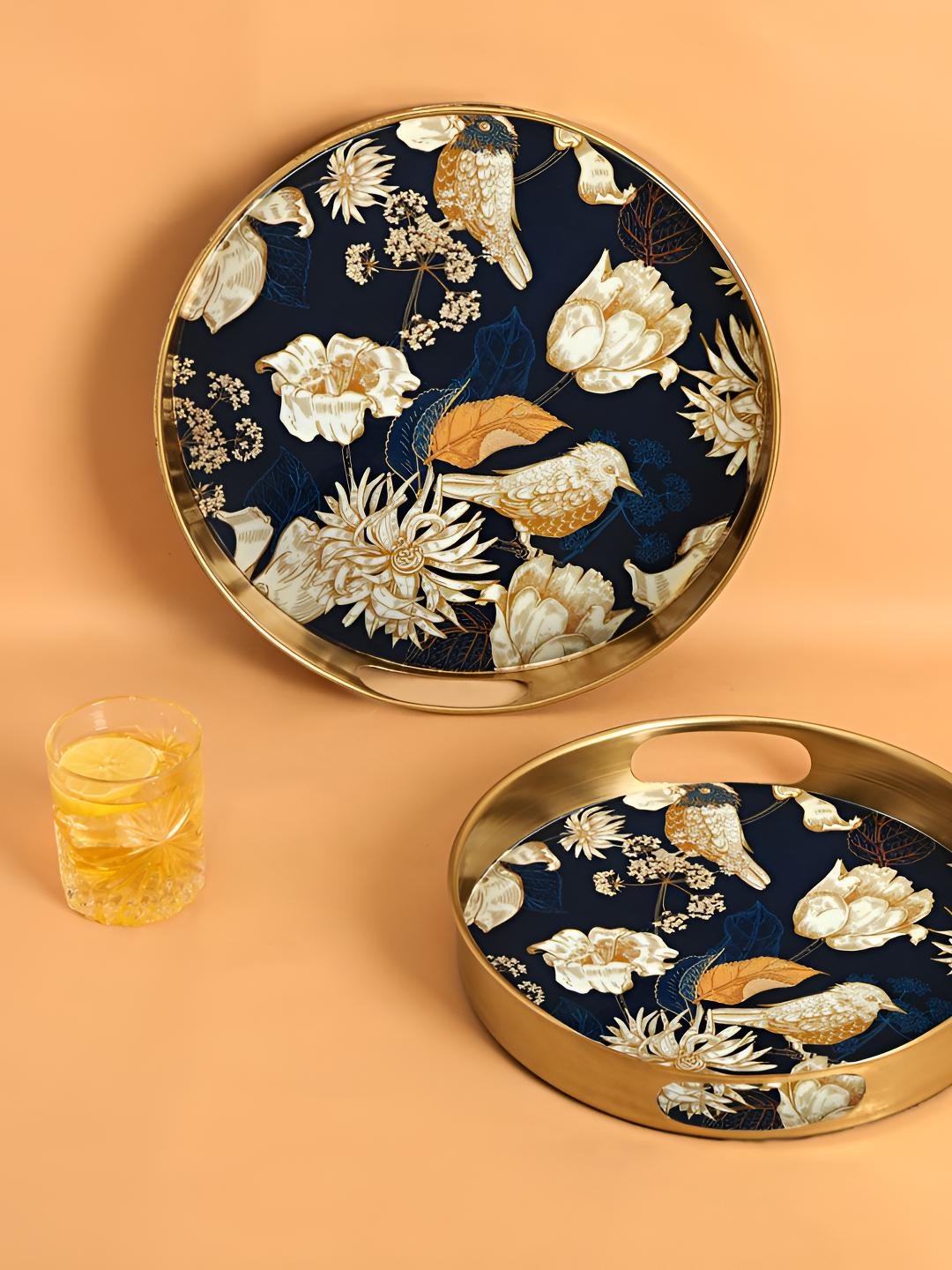 

THE HOME CO. Blue & Brown Floral Printed Aluminium Round Serving Trays