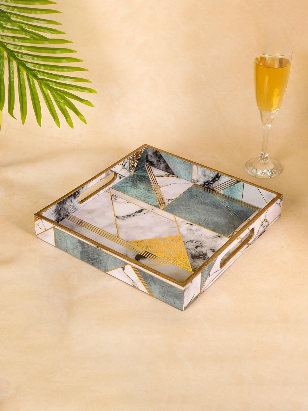 

THE HOME CO. Grey & Gold Toned Geometric Printed Textured Wooden Serving Tray